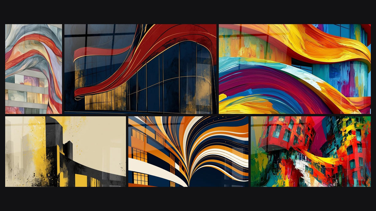Mosaik aus sechs Gemälden, darunter Blaue und rote Wellenfront und Fassade fließend Marineblau und Orange