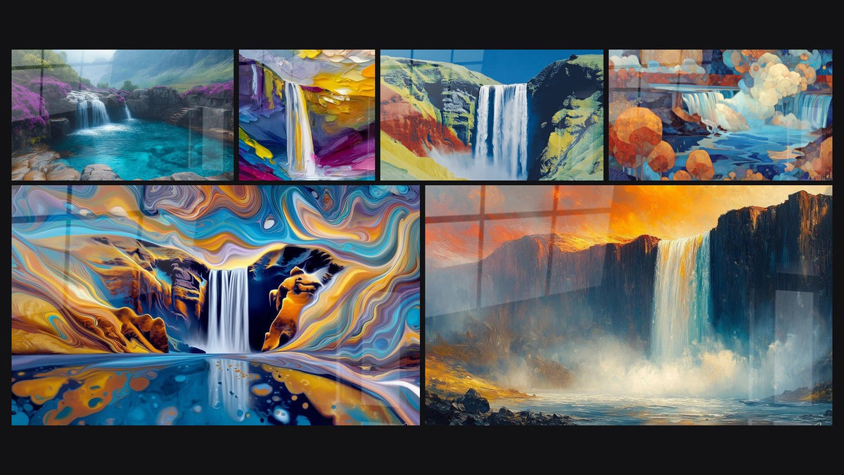 Mosaic of six paintings, including Scottish Soul, Impressionist waterfall and Abstract Waterfall