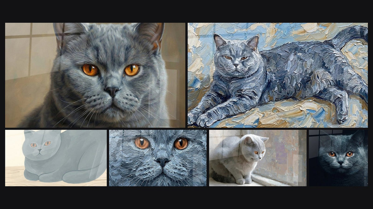 Mosaïque de six tableaux, dont Chat British Shorthair Gris et Chat British Shorthair couché