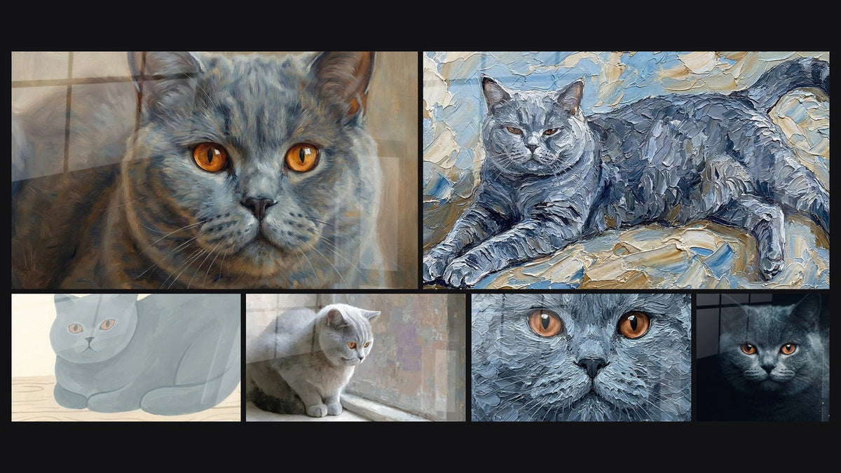 Mosaïque de six tableaux, dont Chat British Shorthair Bleu aux Yeux Dorés et Chat British Shorthair couché
