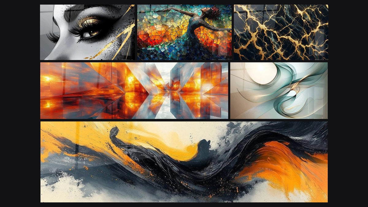 Mosaïque de six tableaux, dont Œil larme d'or, Danse Feu Libératrice Rouge et Circuits Précieux