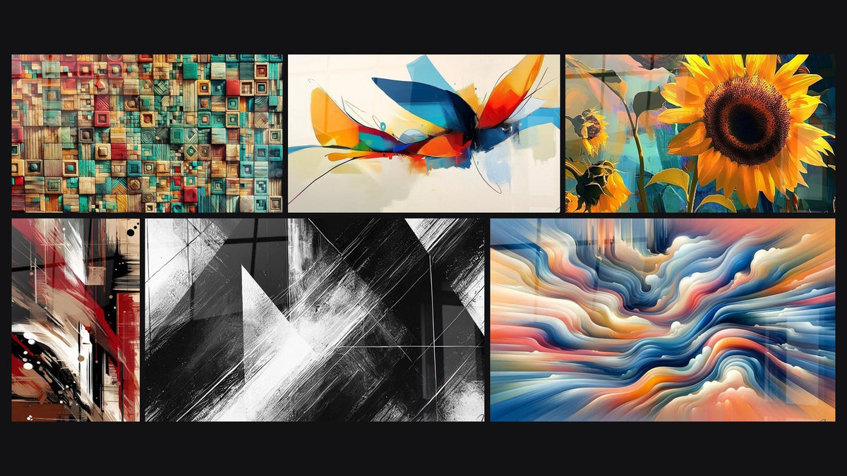 Mosaic of six paintings, including Nesting Colors, Structured Disorder Abstract and Convergence Points