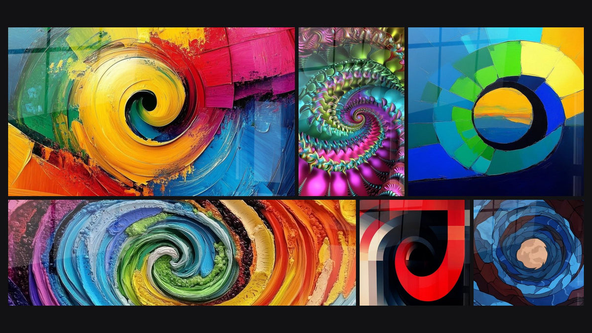Mosaïque de six tableaux, dont Spirale colorée multicolore, Spirale multicolore et Spirale fractale colorée