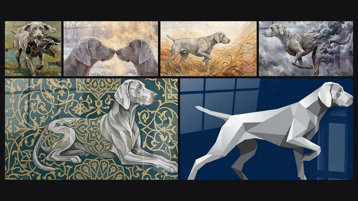 Mosaïque de six tableaux, dont Chien de Chasse au Canard Sauvage et Chien Gris aux Motifs Dorés Orientaux