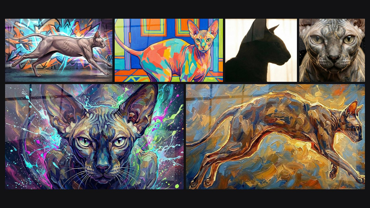 Mosaïque de six tableaux, dont Chat Peterbald Street Art, Chat Peterbald Multicolore et Chat Silhouette Fenêtre