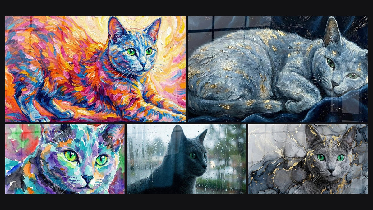 Mosaik aus fünf Gemälden, darunter Katze Aquarell, Russian Blue Katze Grüne Augen und Russian Blue Katze Schlafend