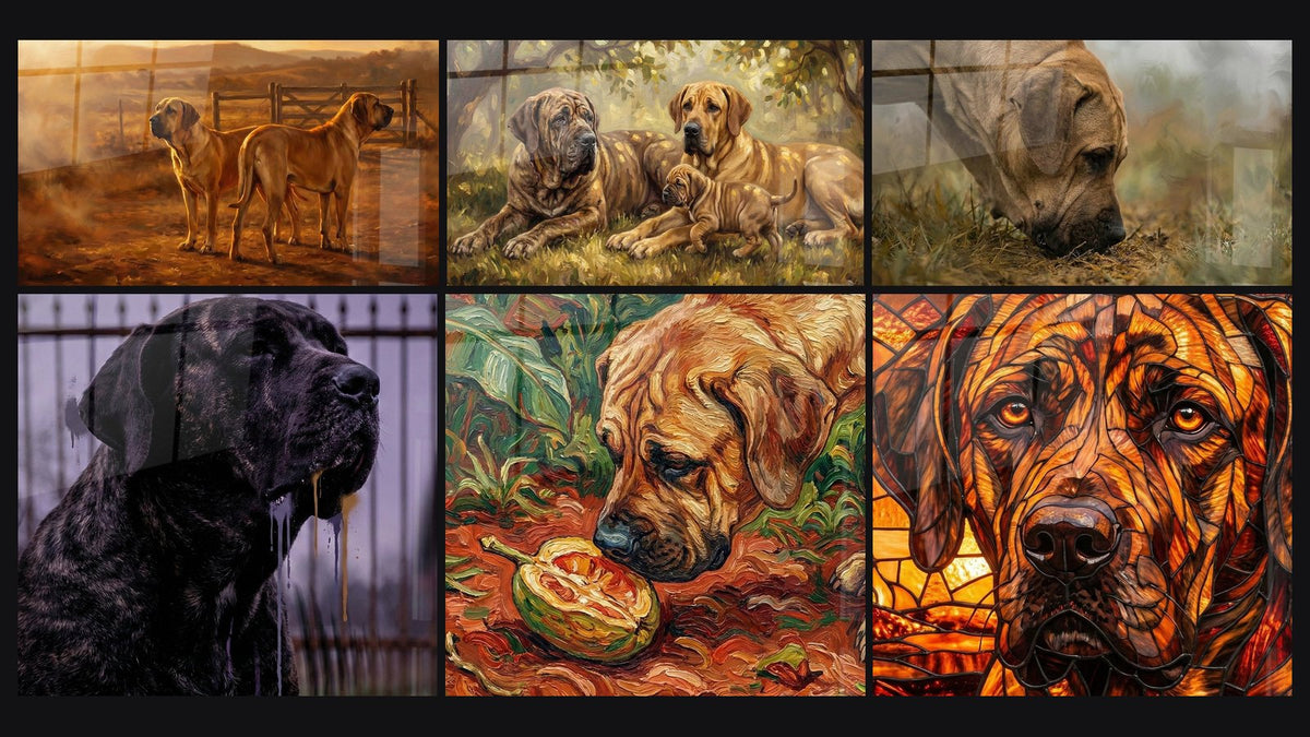Mosaico de seis cuadros, entre ellos Dos Perros en la Luz Dorada del Atardecer y Familia de Perros Bajo la Sombra Dorada