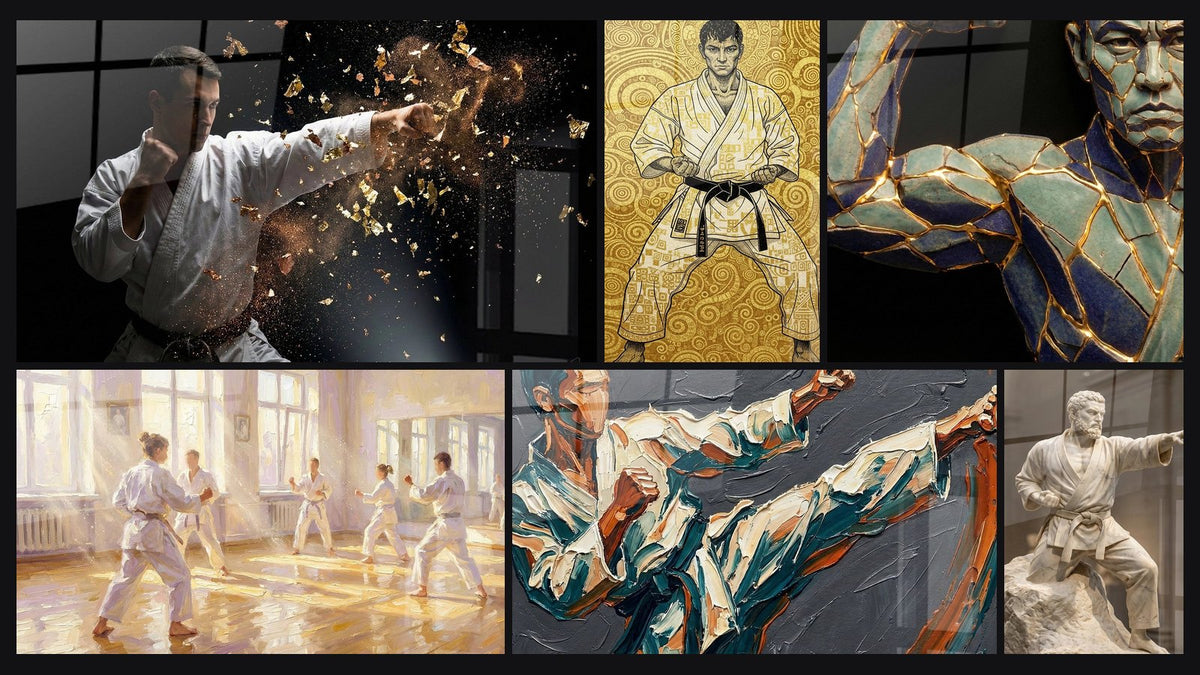 Mosaik aus sechs Gemälden, darunter Statue Karate-Meister