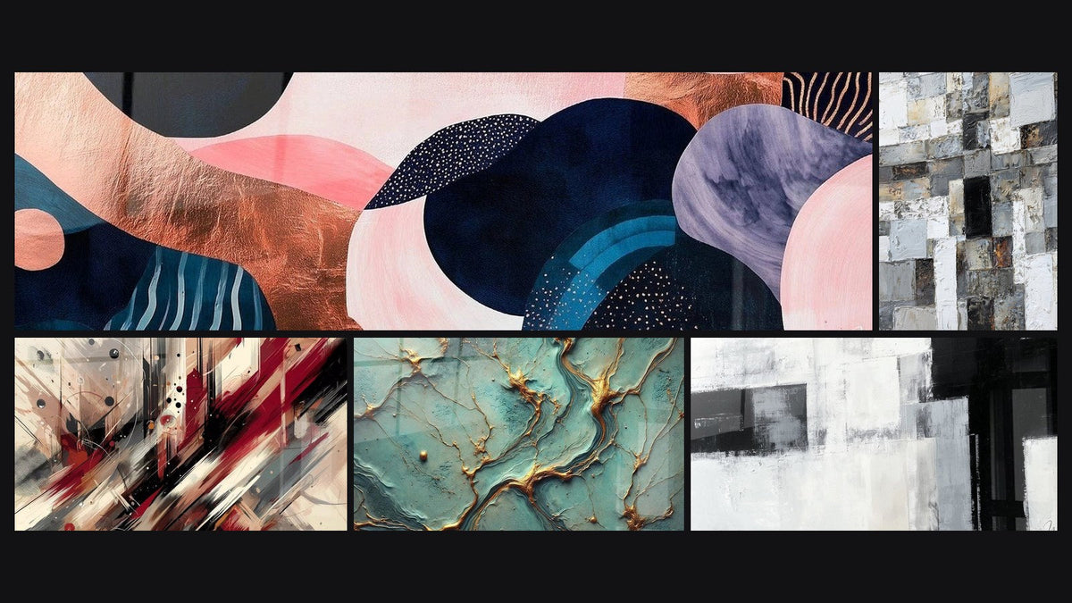 Mosaico de cinco cuadros, entre ellos Simbiosis Ondulante Coral, Turbulencia Artística y Ríos de Oro