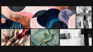 Mosaic of five paintings, including Undulating Symbiosis Coral, Artistic Turbulence and Golden Rivers