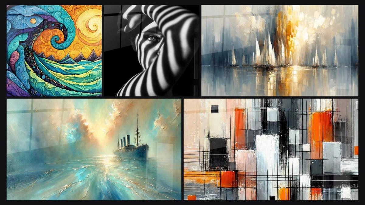 Mosaic of five paintings, including Cosmic Wave and Mountains, Woman Shadows and Light and Heart of the Breeze