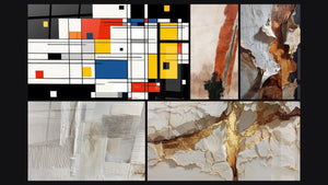 Mosaico de cinco cuadros, entre ellos Composición geométrica colorida