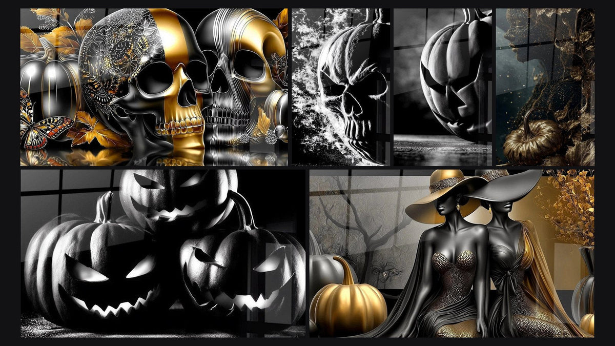 Mosaico de seis cuadros, entre ellos Calavera Vapores del Más Allá, Calabaza Malévola Antigua y Calabazas Sonrisas Sombrías