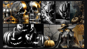 Mosaico de seis cuadros, entre ellos Calavera Vapores del Más Allá, Calabaza Malévola Antigua y Calabazas Sonrisas Sombrías