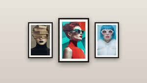 Pared de galería con tres cuadros enmarcados, entre ellos Mujer pelirroja con gafas turquesa