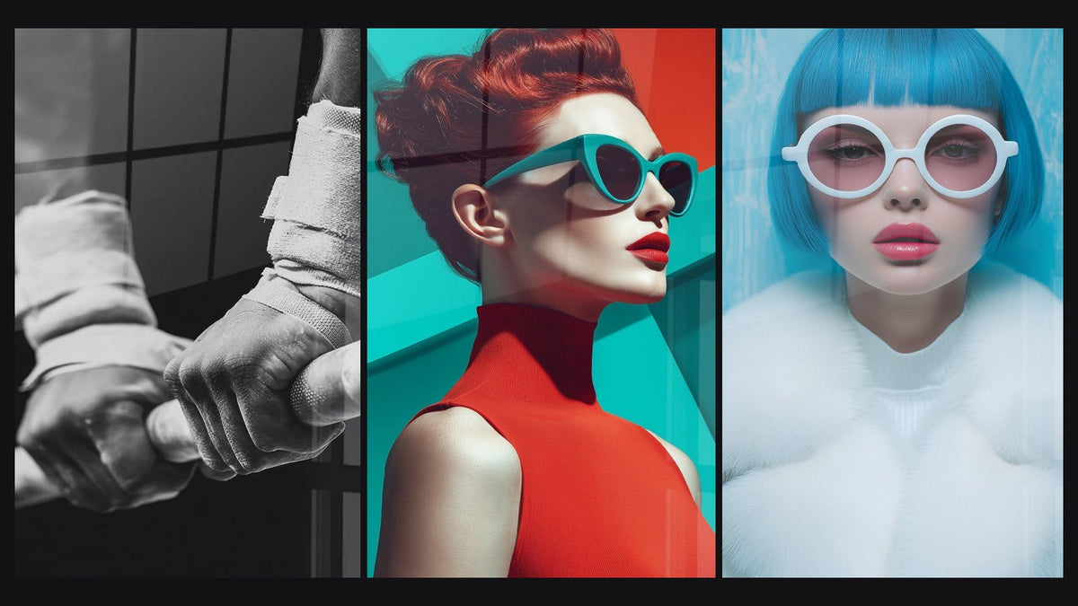 Mosaico de tres cuadros: Boxeo Vendas de Manos, Mujer pelirroja con gafas turquesa y Mujer peluca azul y abrigo blanco