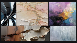 Mosaico de cinco cuadros, entre ellos Espiral metálico cromado y Abstracto texturizado beige rosa dorado