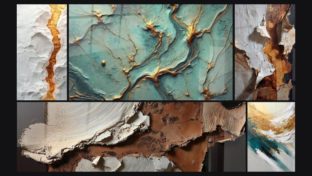 Mosaic of five paintings, including Golden Rivers, Abstract Earth and Off-White Texture and Golden Crest and Foam