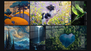 Mosaïque de six tableaux, dont Paysage méditerranéen stylisé, Paysage nocturne et Perruche N°2