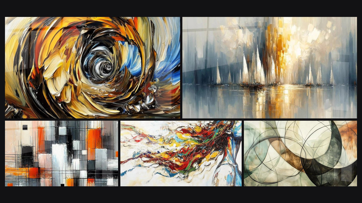 Mosaic of five paintings, including Energetic whirlwind, Mechanics of Colors and Dawn Over the Bay