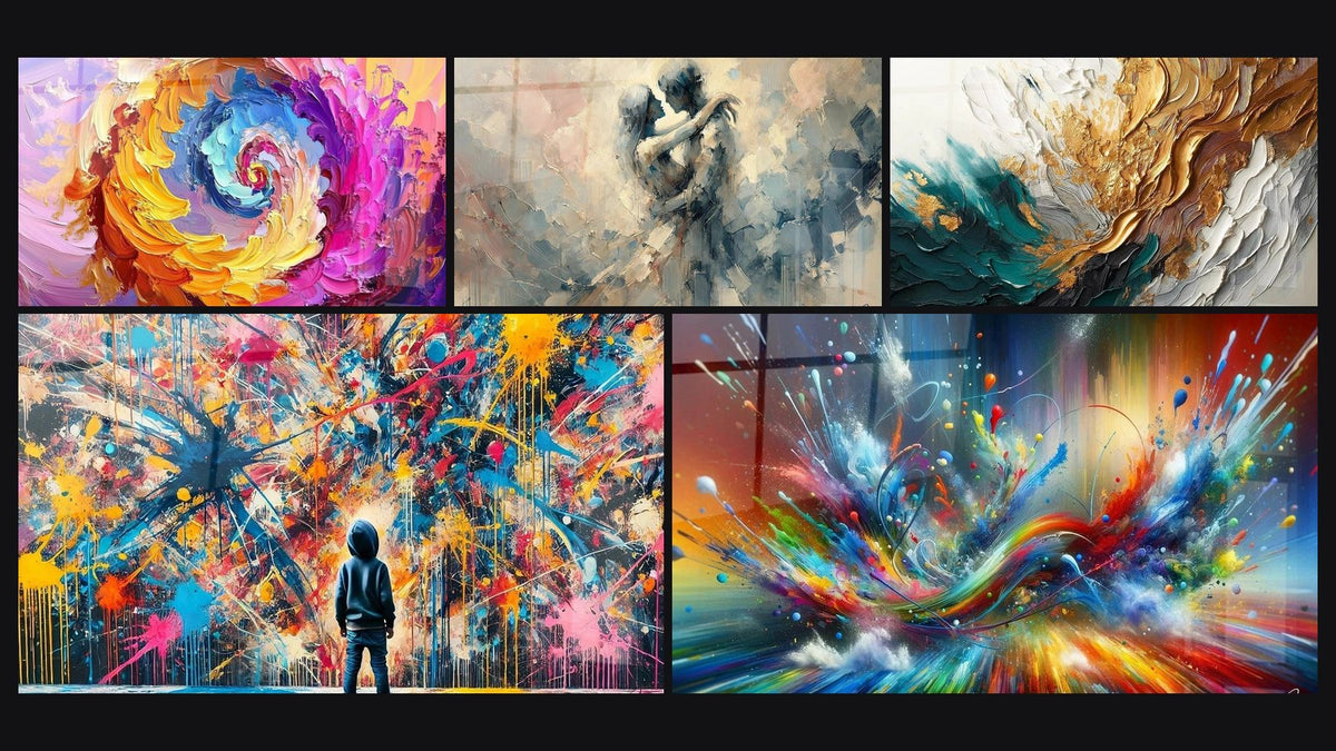 Mosaïque de cinq tableaux, dont Spirale colorée multicolore, Éclats de Peinture et Entre Nous