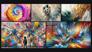 Mosaïque de cinq tableaux, dont Spirale colorée multicolore, Éclats de Peinture et Entre Nous