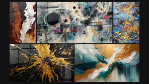 Mozaïek van vijf schilderijen, waaronder Abstract geometrische compositie, Licht uit de Afgrond en Tafel van kleurexplosie
