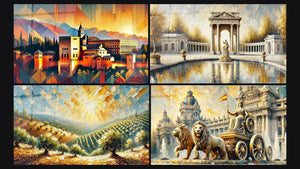 Mosaïque de quatre tableaux, dont Grenade N°1, Espagne N°4 et Espagnol N°1