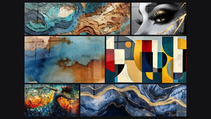 Mosaïque de six tableaux, dont Vagues océaniques, Nuages abstraits et Formes géométriques colorées