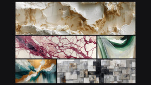 Mosaïque de cinq tableaux, dont Veines pourpres et crème sur fond écru, Soie d'Émeraude et Lumière des Abysses