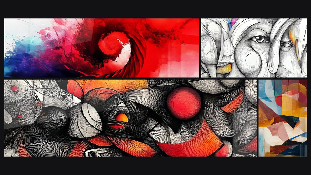 Mosaic of four paintings, including Energetic Red and Blue Spiral, Abstract feminine face and Abstract swirling