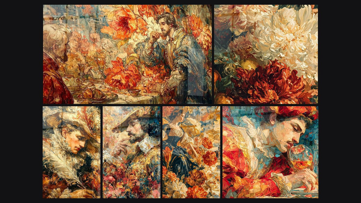 Mosaico di sei quadri, tra cui Banchetto Calore Conviviale e Ritratto Maschile Musa delle Arti