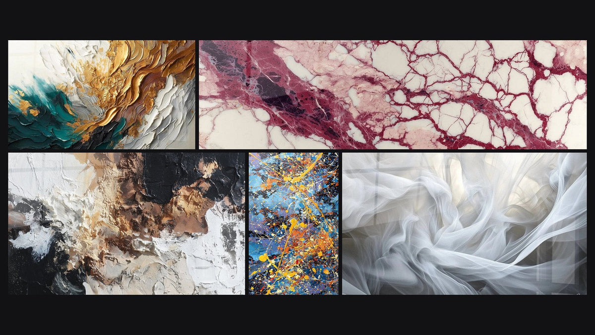 Mosaico di cinque quadri, tra cui Traccia in Oro e Giada e Venature porpora e crema su fondo ecru