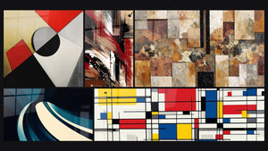 Mozaïek van vijf schilderijen, waaronder Met gekleurde geometrische vormen en Tafel geometrische compositie