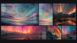 Mosaic of six paintings, including Northern Lights Nocturnal, Ocean Sunset and Snowy Mountains Under Orange and Green Sky