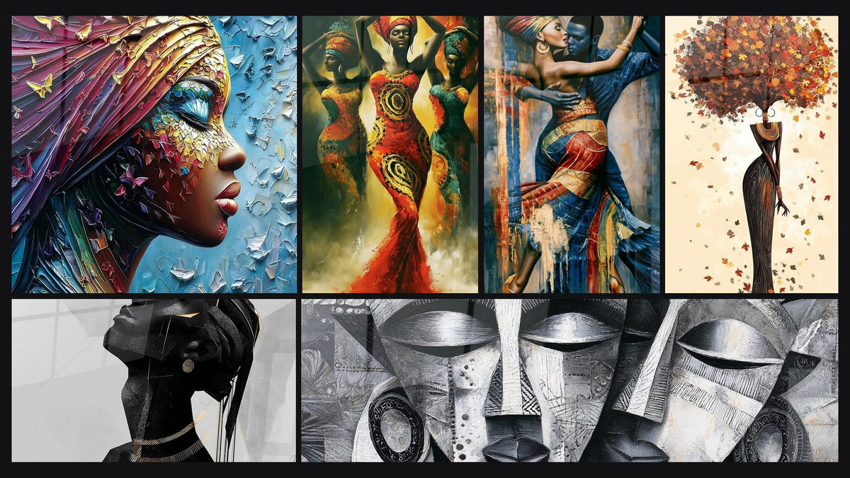 Mosaïque de six tableaux, dont Femme Transformation ailée, Femme Africaine Moderne et Femmes en robes rouge et turquoise