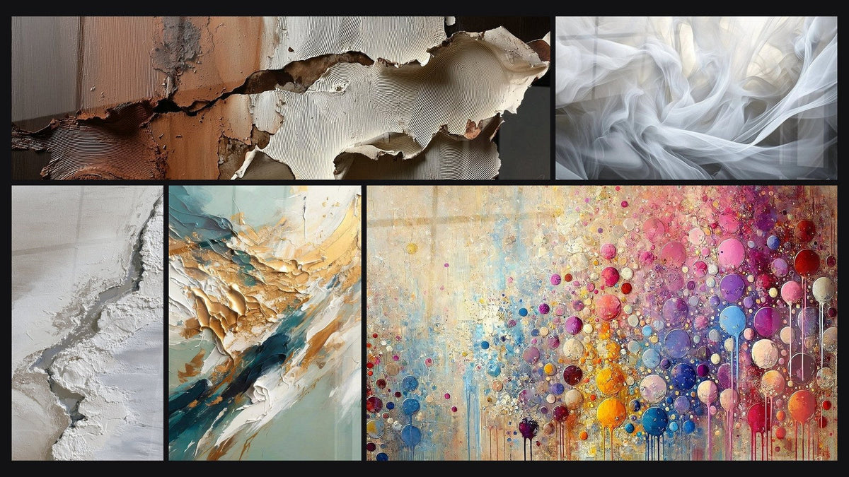 Mosaïque de cinq tableaux, dont Voiles de Lumière, Flux et Reflux Doré et Mosaïque de Sphères