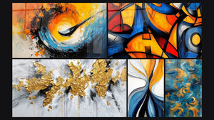 Mosaico de cinco cuadros, entre ellos Espiral cósmico dinámico y Explosión dorada sobre fondo blanco y gris