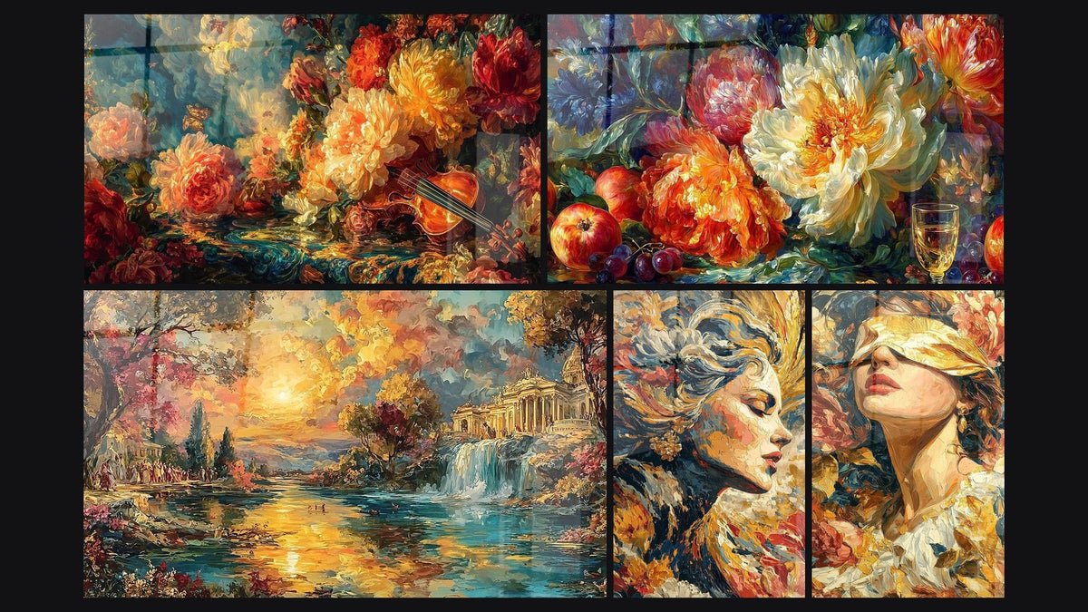 Mosaico di cinque quadri, tra cui Fiori Sonate Cremisi, Natura Morta Delizia Pittorica e Paesaggio Tempio Eterno