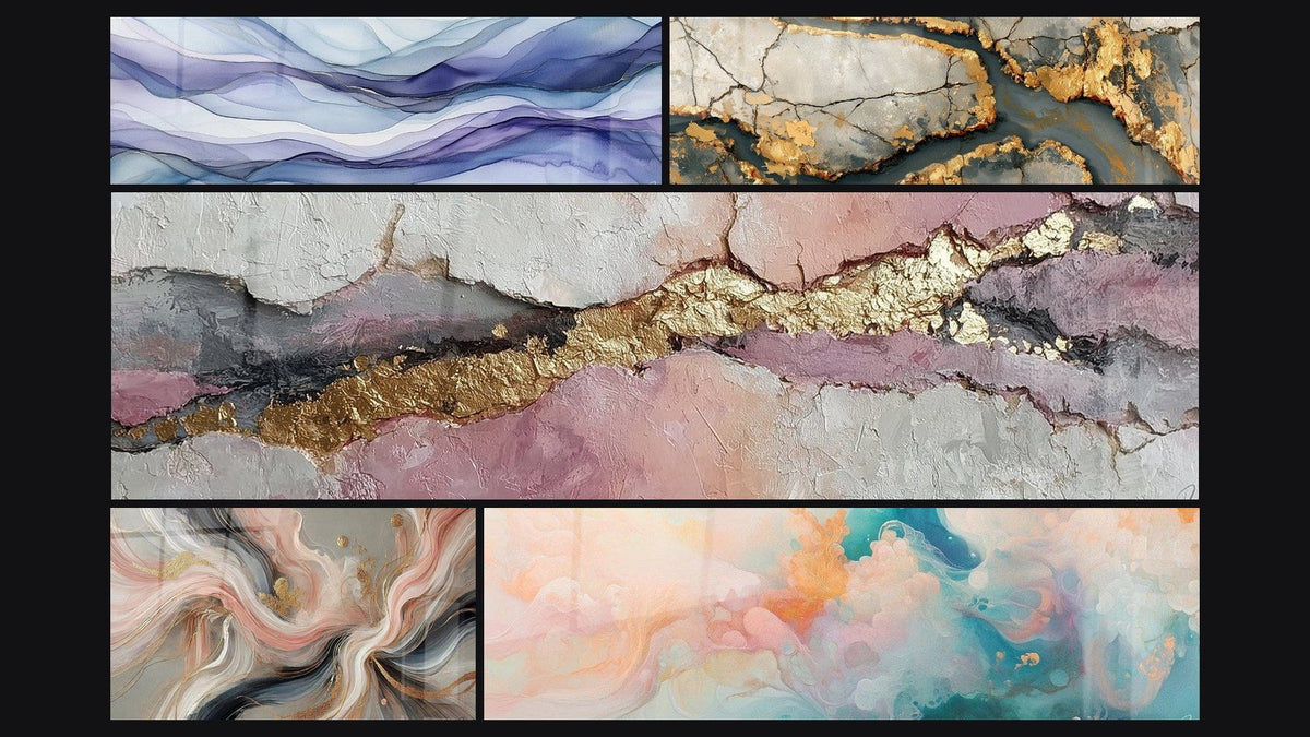 Mosaic of five paintings, including Dreamy Scrolls Periwinkle, Silk Flows and Cumulus Floating Pink