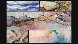 Mosaico de cinco cuadros, entre ellos Manteles Oníricos Pervenche, Flujos de Seda y Nubes Flotantes Rosado