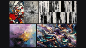 Mosaico de cinco cuadros, entre ellos Revolución Arquitectónica Moderna, Explosión de colores abstracta y Serenata Mineral