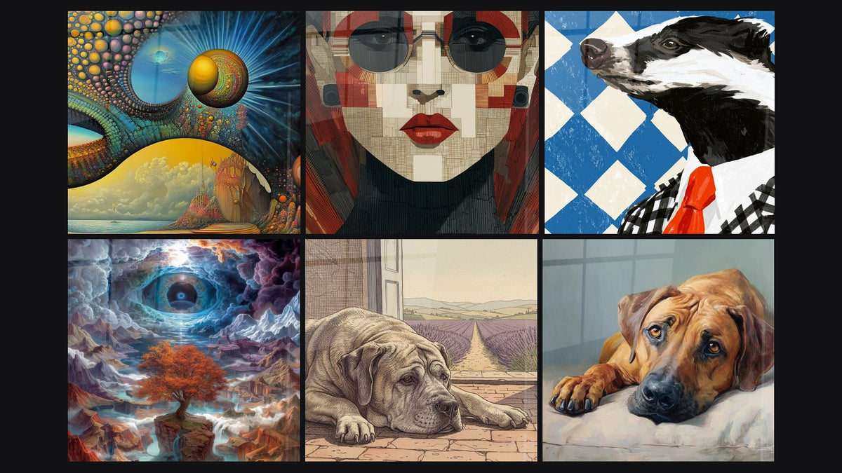 Mosaico de seis cuadros, entre ellos Cosmos místico, Ojo Portal Dimensional y Retrato Mujer