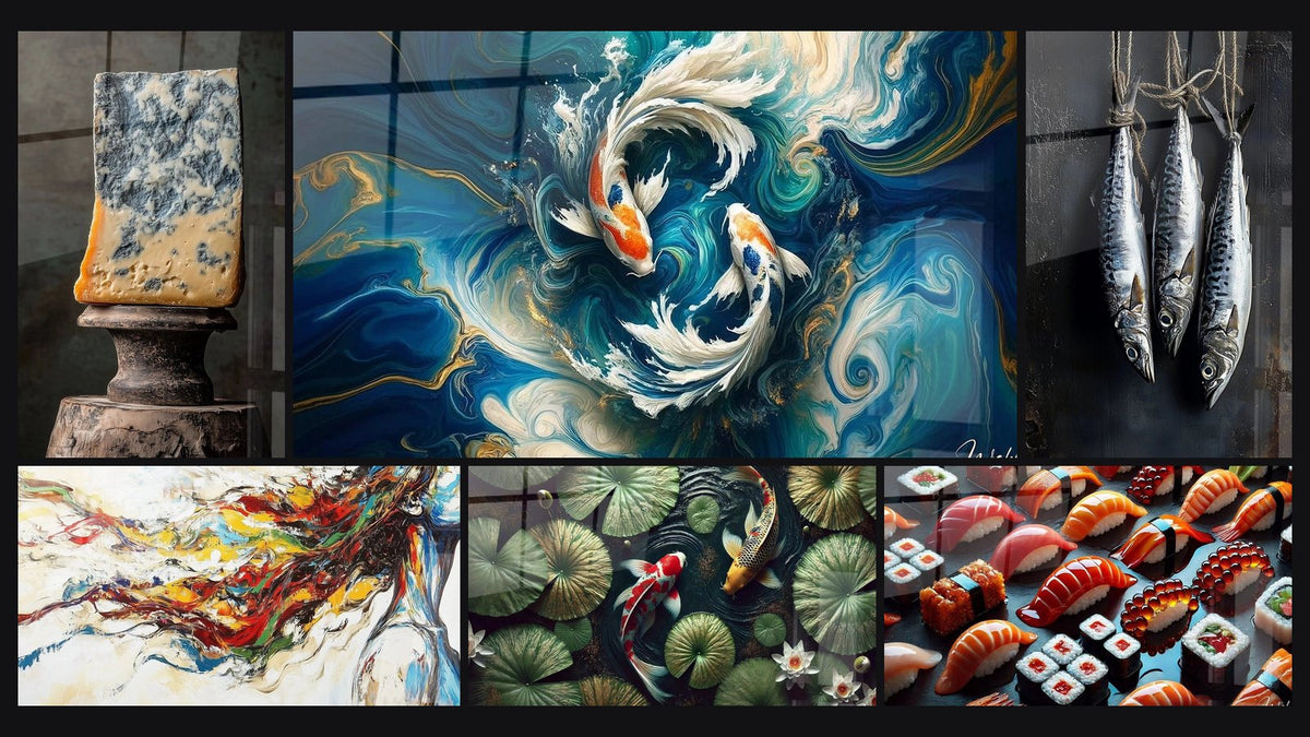 Mosaico de seis cuadros, entre ellos Queso N°6, Musa Moderna y Danza de los Koi