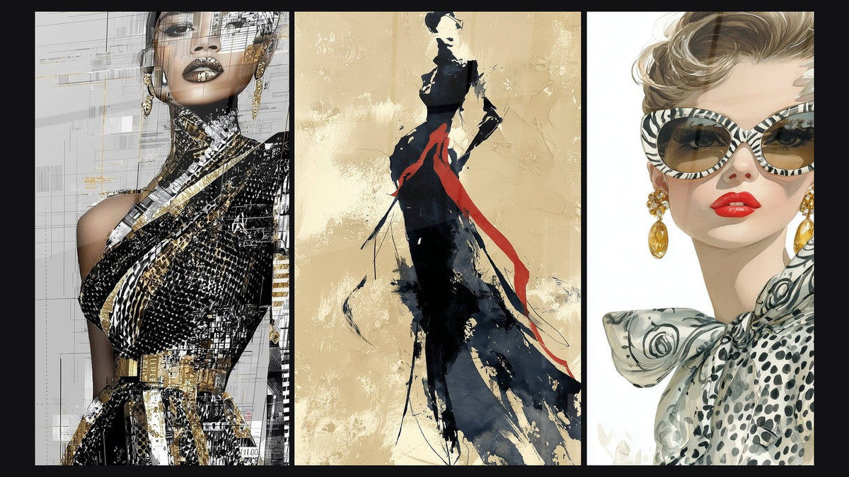 Mosaico de tres cuadros, entre ellos Arte Conceptual y Mujer gafas cebra y margarita blanca