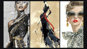 Mosaico de tres cuadros, entre ellos Arte Conceptual y Mujer gafas cebra y margarita blanca