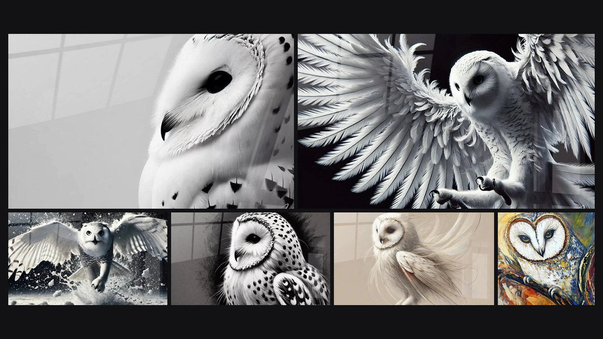 Mosaïque de six tableaux, dont Silence Arctique, La Sagesse des Vents et Gardienne de l'Hiver