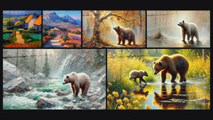 Mosaïque de six tableaux, dont Village côtier, Paysage provençal et Rives du Silence
