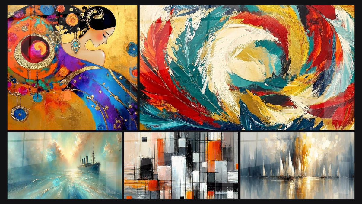 Mosaico di cinque quadri, tra cui Femminile cosmico a spirale, Metamorfosi Cosmica e Nel Cuore della Brezza