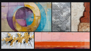 Mosaic of five paintings, including Concentric Colored Circles